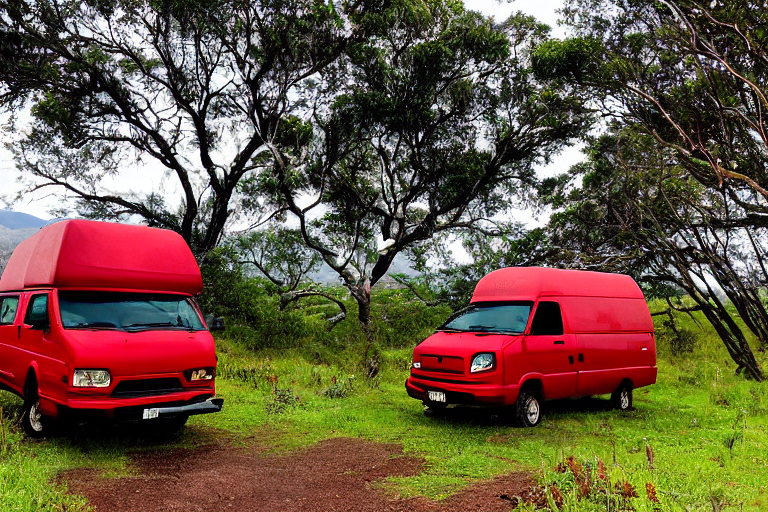 A red camper van rests beside a quiet stream in lush Hawaii. A winding hiking path leads through the green forest, where deer graze under the soft, cloudy sky.