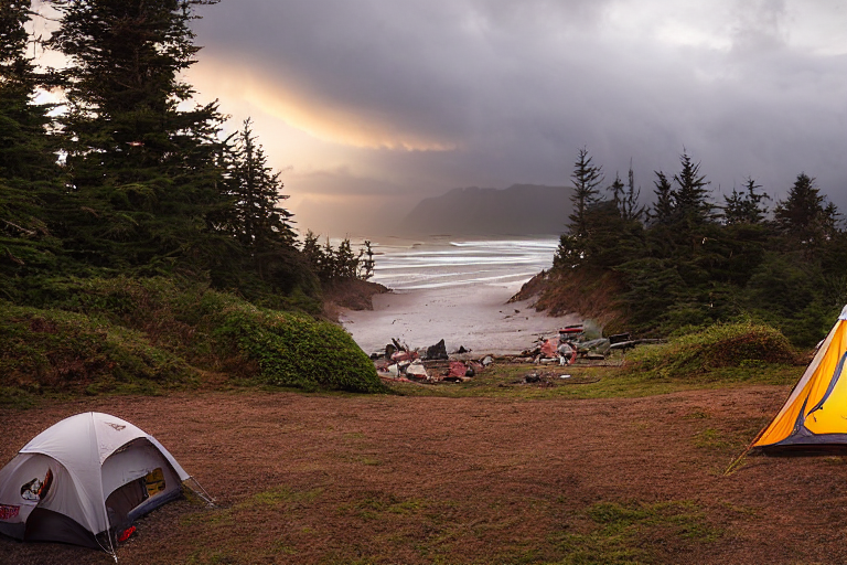 A white tent rests on a dirt patch beside a warm campfire ringed with stones. Camping chairs face the fire as hikers follow a nearby trail. Stormy clouds gather over Cannon Beach while the sunset paints the sky with soft light.