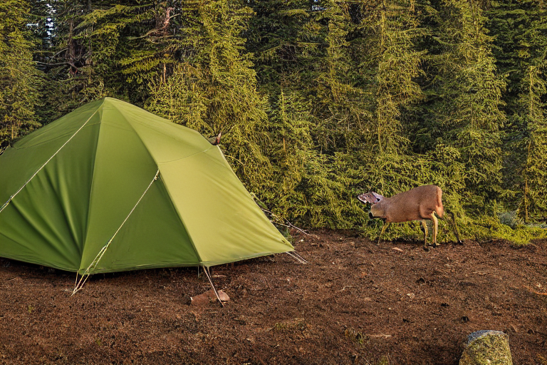 A green camo tent rests on a dirt clearing, surrounded by thick bushes and a large rock. Snowy golden-hour light gives the campsite a peaceful glow, while a deer stands quietly in the distance.