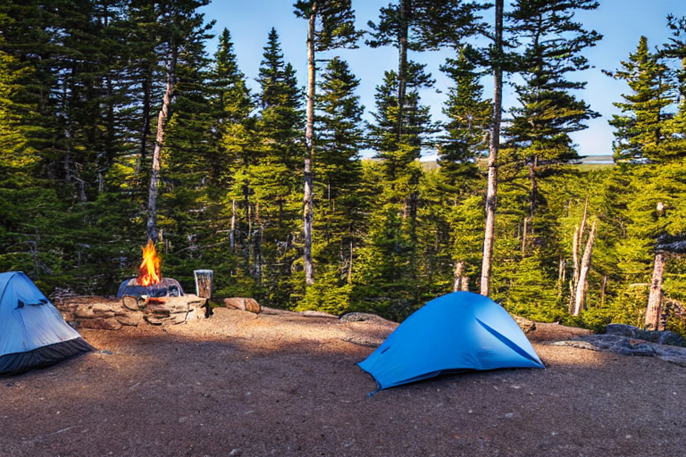 A gray-blue tent rests beside a warm campfire in a quiet Acadia campsite. Small trees, a large rock, and a hammock add charm, while mountains rise in the distance under the night sky.