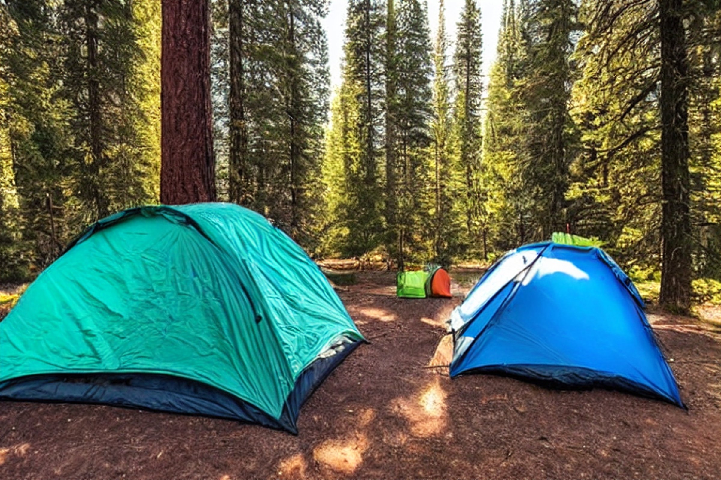 Three blue tents sit beneath mossy trees in Yosemite National Park. A warm campfire glows nearby, lighting the camping chairs and gear under a clear, starry sky.