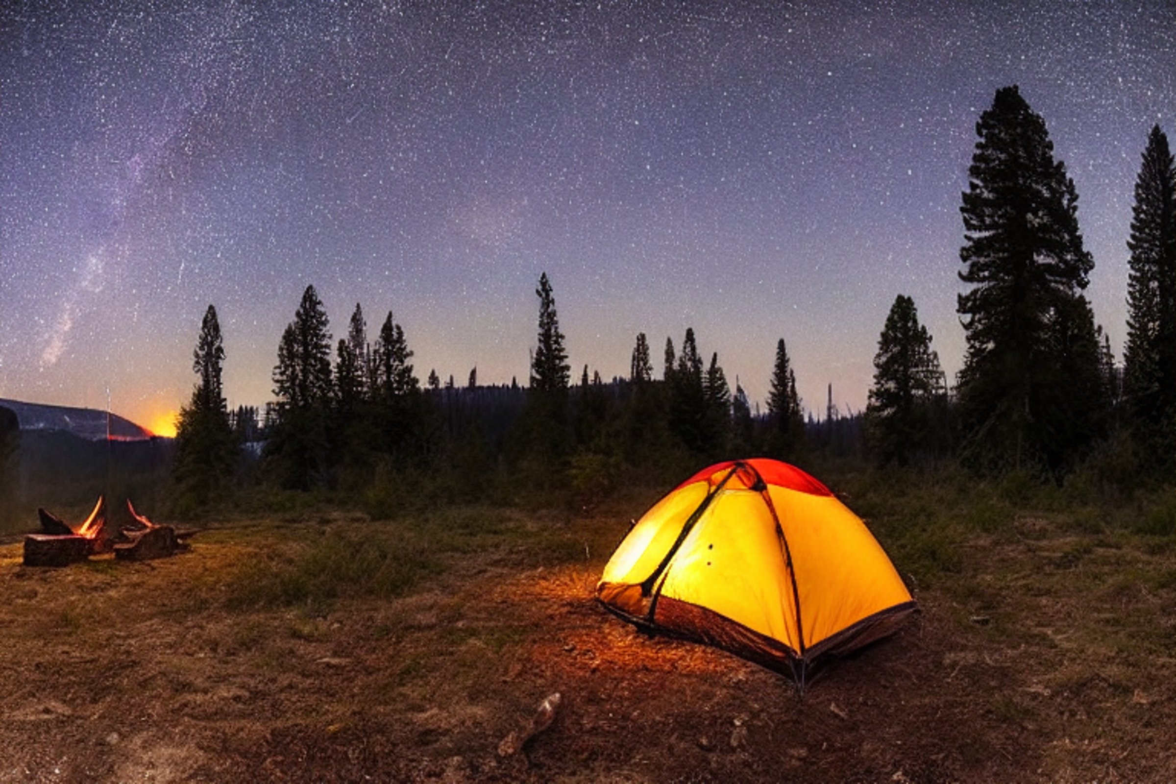 A cozy tent rests on a dirt campsite beneath Yosemite’s starry night sky. A warm campfire glows beside the parking spot, while rain dampens the ground and a deer watches from the distance.