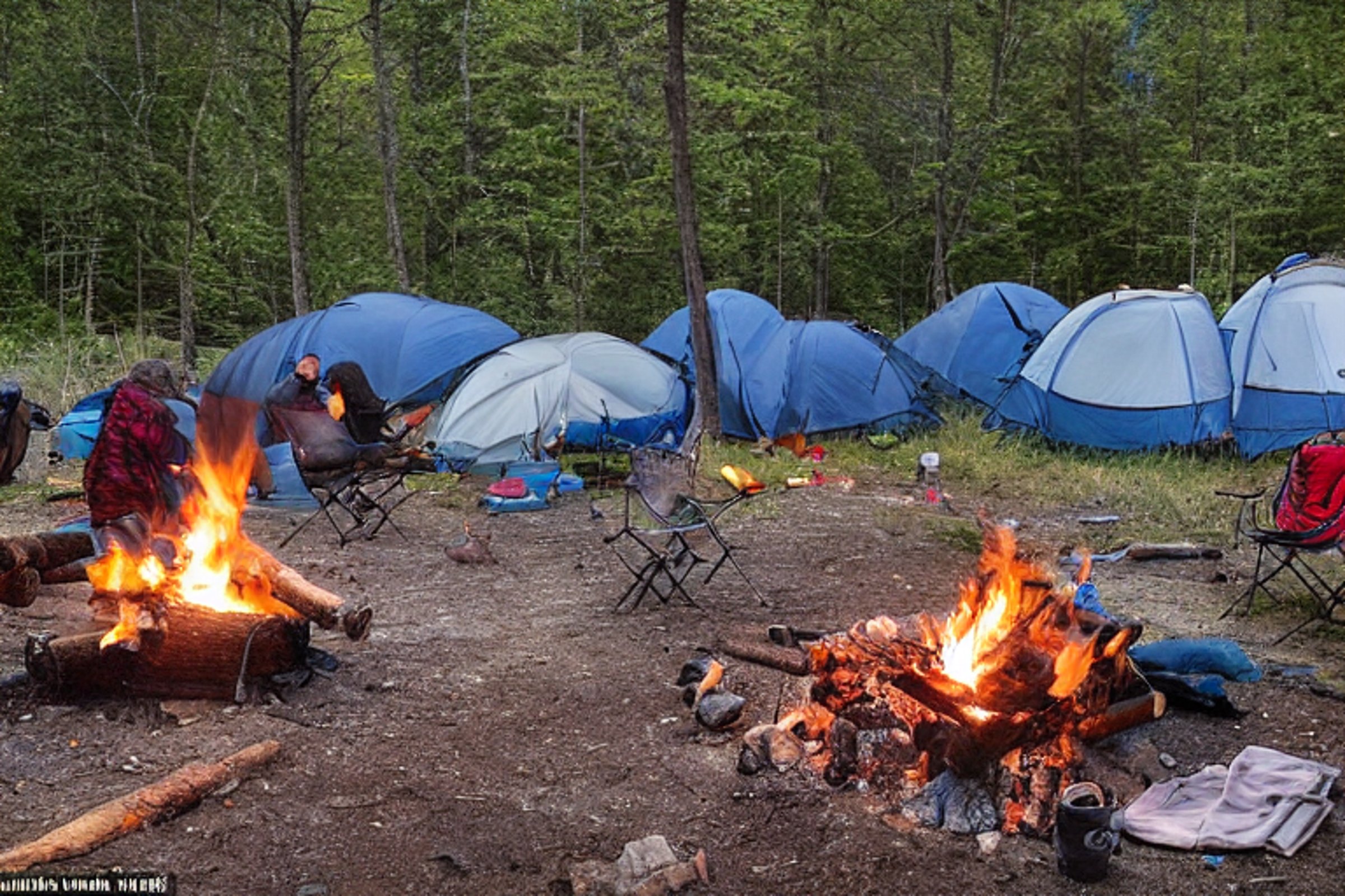 A gray-blue tent rests beside a crackling campfire on a dirt clearing in the woods. A gentle stream winds through the campsite, while clothes sway on a nearby line beneath the cloudy sunset sky.