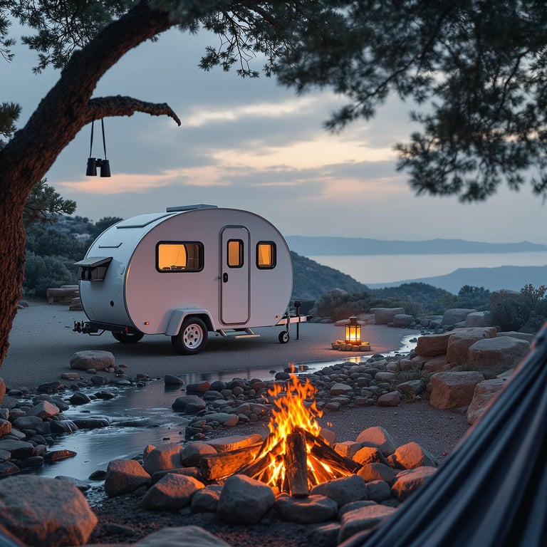 A white teardrop trailer rests in a misty Santorini campsite as a clear stream winds nearby. A warm campfire, stone ring, lantern, and hanging binoculars create a cozy feeling beneath the soft evening sky.