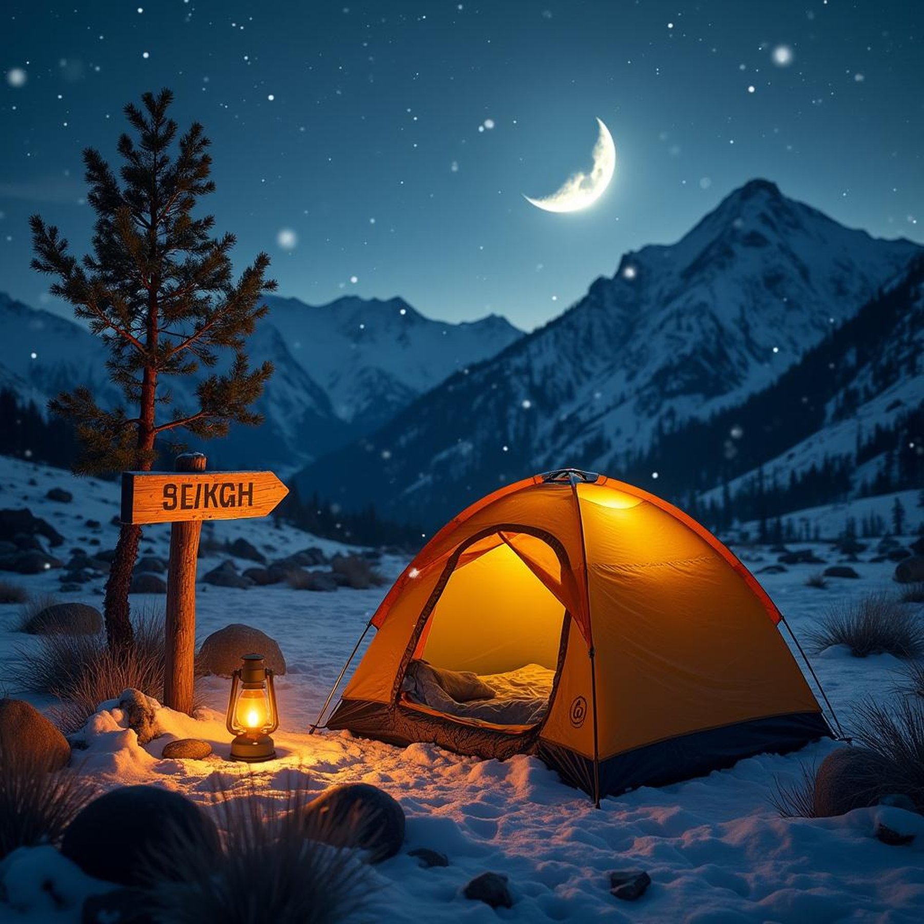 A colorful tent rests among the quiet trees of Colorado on a cold, snowy night. Moonlight softly shines on the campsite, while a lantern glows beside a wooden number sign.