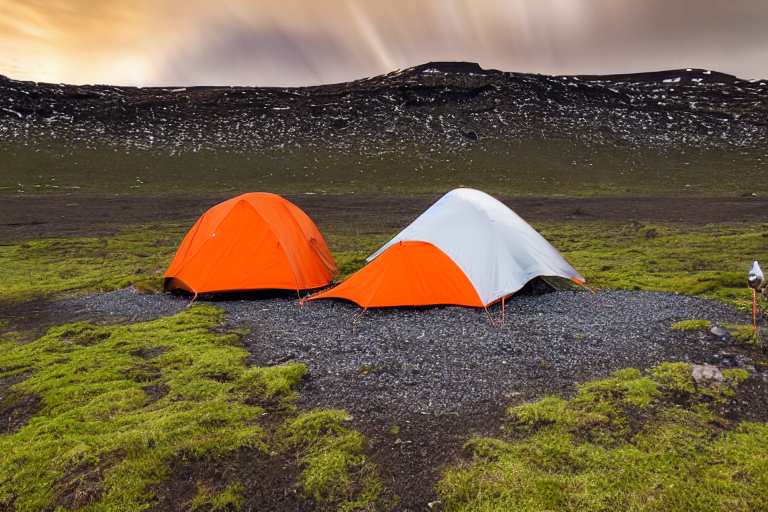 A gray and orange tent rests on a quiet campsite in Iceland. Above it, bright green and purple northern lights dance across the night sky. Flowers, tall trees, and a warm camping lantern make the scene feel peaceful and cozy.