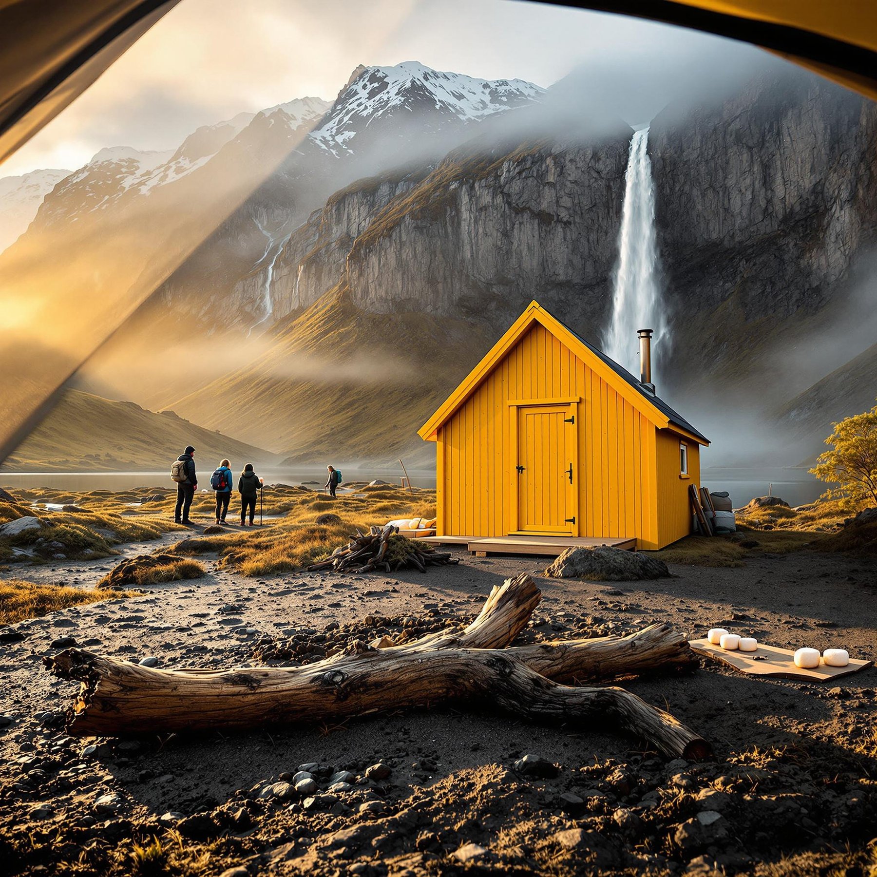 A bright yellow cabin sits among the misty mountains of Mount Cook National Park. Nearby, a campfire warms the evening as marshmallows roast, while a waterfall tumbles down a rocky cliff. Animal tracks and a small twig mark the dirt outside the tent.