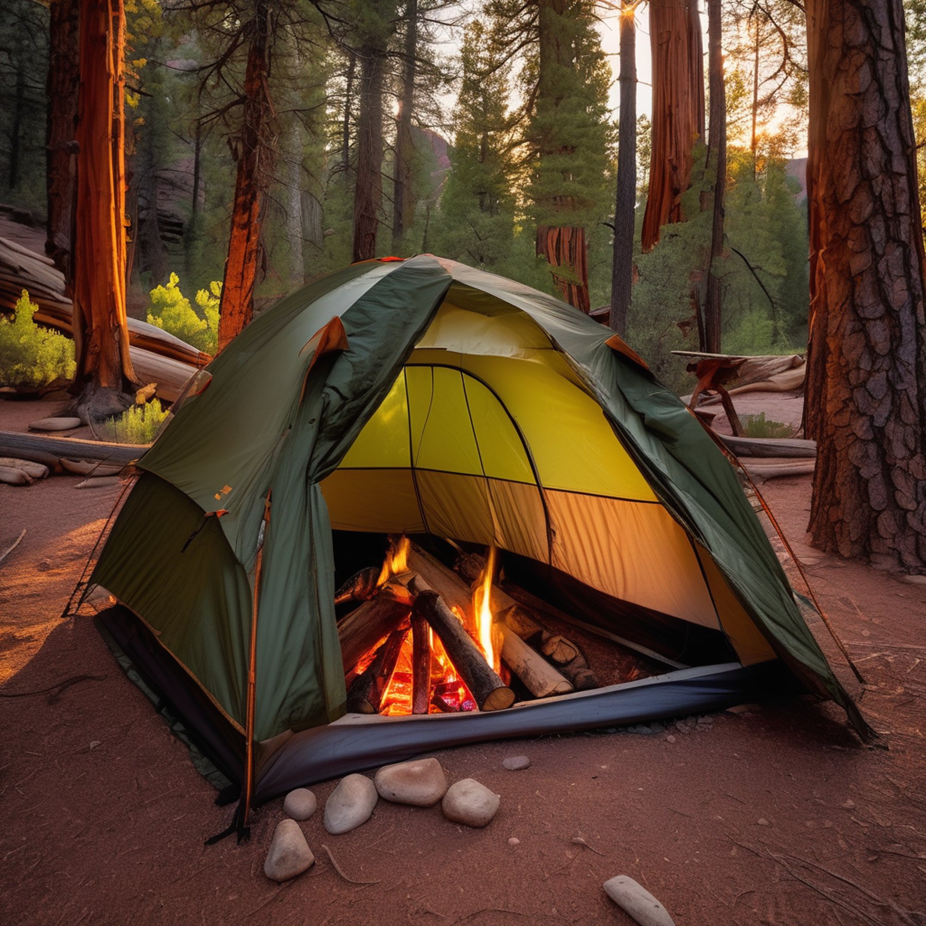 A green tent rests among ferns and stone patches in Zion’s forest. Sunset light shines through the trees as a distant lightning storm fills the sky. A cooler and a large log sit beside the campfire, creating a cozy campsite.