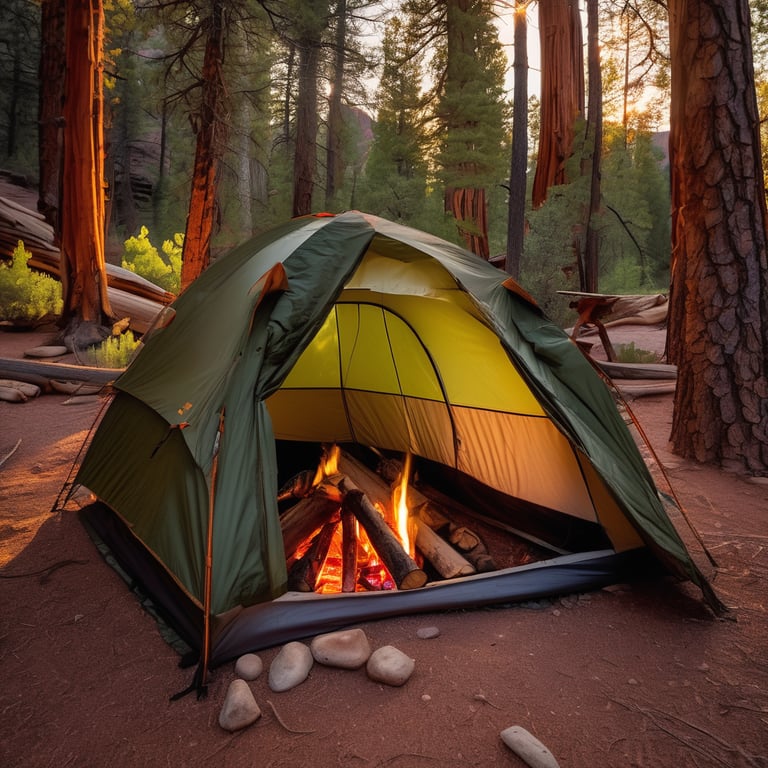 A green tent rests among ferns and stone patches in Zion’s forest. Sunset light shines through the trees as a distant lightning storm fills the sky. A cooler and a large log sit beside the campfire, creating a cozy campsite.