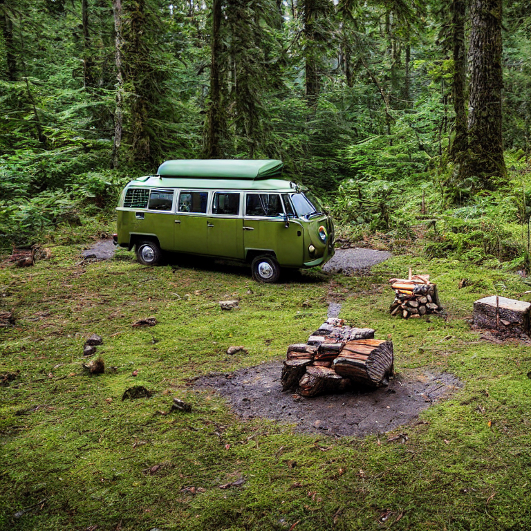 A green camo campervan rests on a dirt campsite beneath mossy trees. A small stone-ringed fire warms the foggy morning air, while misty mountains rise in the distance.