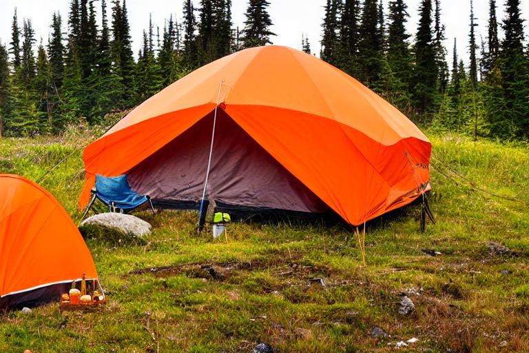 An orange tent glows beside a small stone-ringed campfire in the rainy Alaska wilderness. Camping chairs sit in the tall grass, surrounded by large trees and rolling hills under the dusky sky.