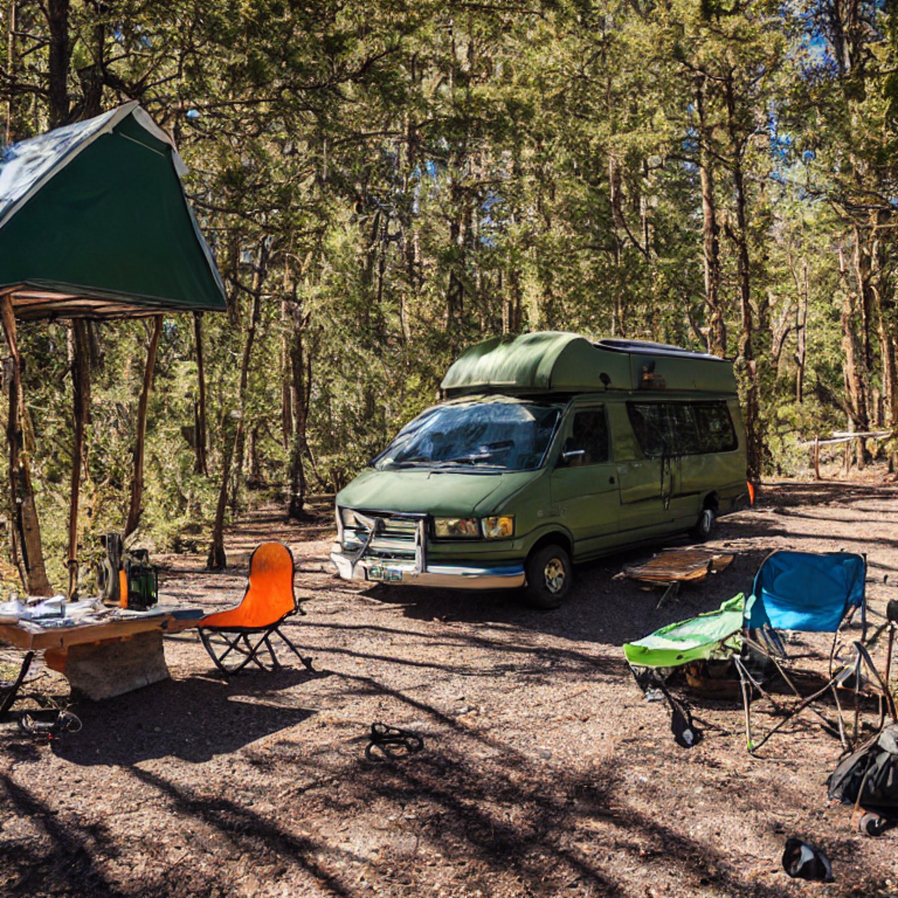 A green camper van rests beneath a clear night sky in a quiet forest campsite. A warm campfire glows beside camping chairs and a wooden guitar, while bright northern lights dance overhead.