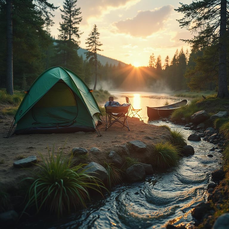 A green tent rests beside a quiet lake as the sun sets behind the trees. Camping chairs sit on the dry, dirt-covered ground, while a small stream winds through the campsite. The scene is calm and peaceful from the nearby canoe.