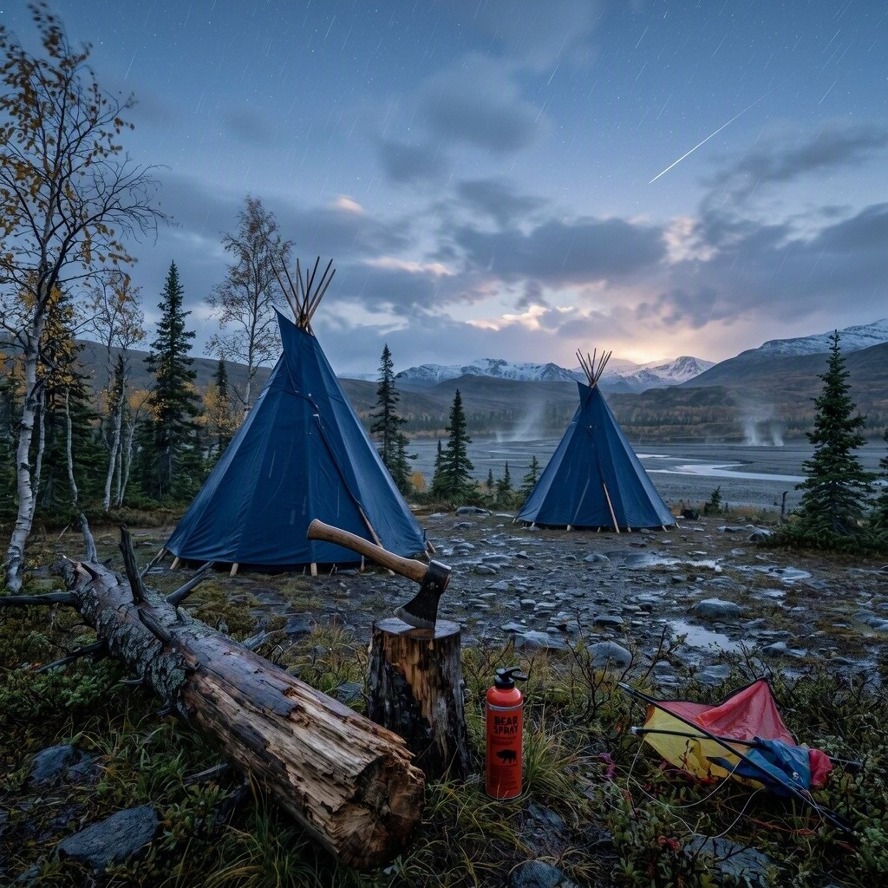 Two navy-blue teepees sit among spruce and birch trees in Denali National Park. Sleet falls over the quiet, stony campsite as rolling hills fade into the blue twilight. A fallen log, axe, bear spray, and tangled kite rest nearby, while the International Space Station shines above.