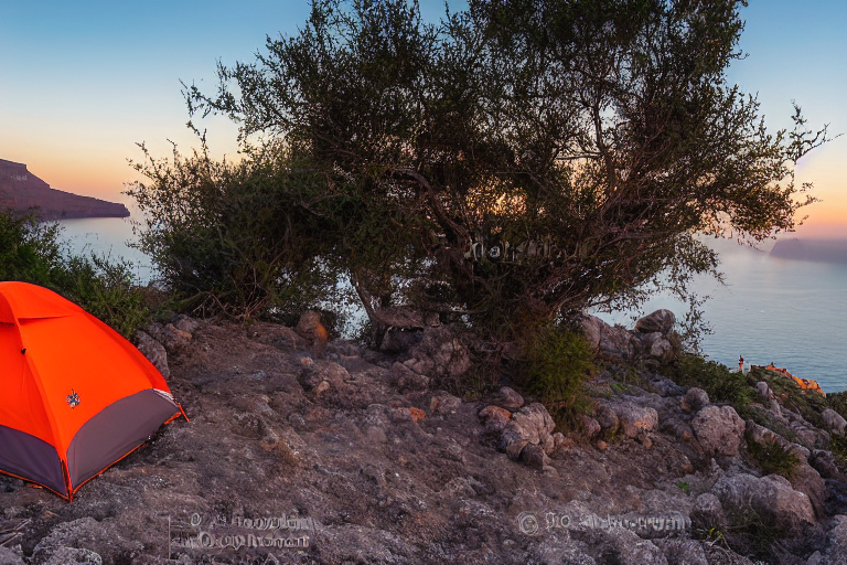 An orange tent rests on a paved campsite in Santorini as the sun sets behind soft clouds. Small trees and boulders surround a dirt patch, while a backpack sits nearby. In the distance, surfers enjoy the coast.