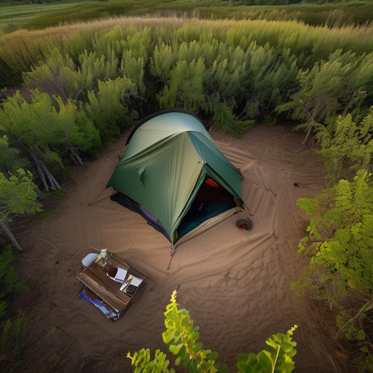 A green camo tent rests on a quiet dirt clearing, surrounded by thick bushes and a winding hiking path. Above, the colorful northern lights glow through the stormy night sky. A small twig lies on the ground, adding to the wild North Shore setting.