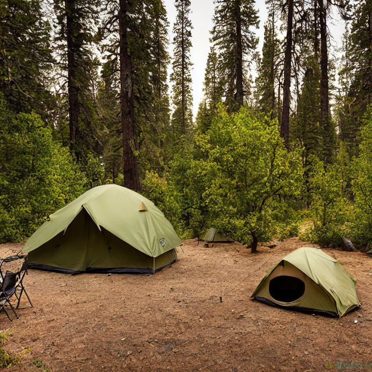 A green and tan tent rests on a quiet dirt campsite in Yosemite at dusk. Small trees, berry bushes, and tall shrubs surround the area, with camping chairs nearby. Soft rain and cool evening light create a peaceful, cozy mood.
