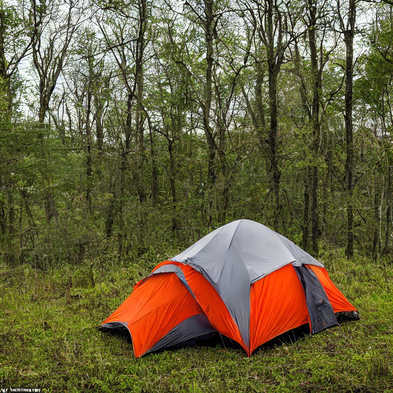A gray and orange tent rests beside a warm campfire in the rainy Upstate New York woods. Overgrown grass, fallen leaves, and a dirt path surround the campsite, while a deer stands quietly in the distance.