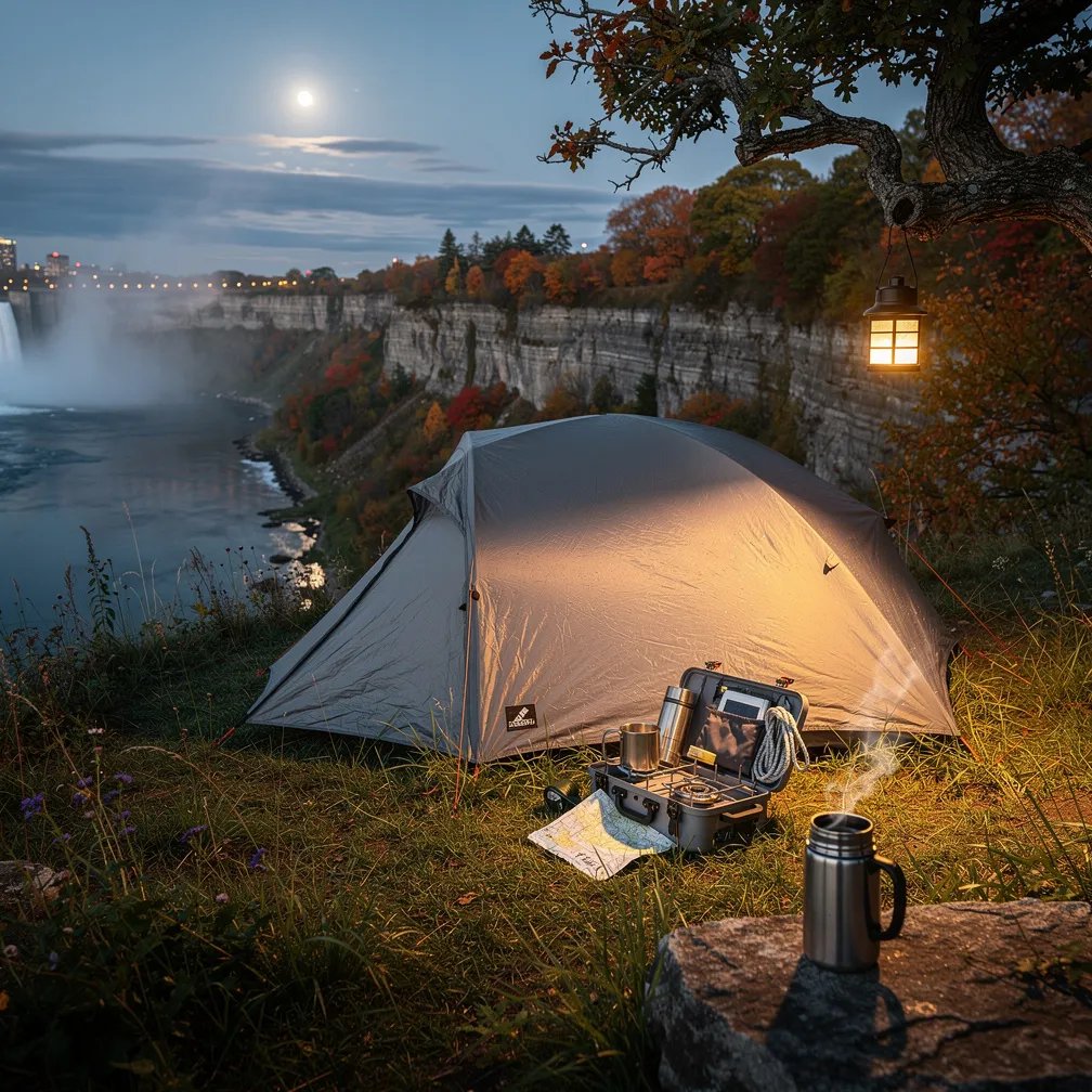 A slate-gray tent sits in tall grass on a high ledge above a deep river gorge. Cool mist floats in the distance as dusk turns the sky blue. A small lantern glows from a tree branch, and a thermos rests on a flat rock for a warm drink. The rising moon peeks through thin clouds, making the campsite feel calm and far away.