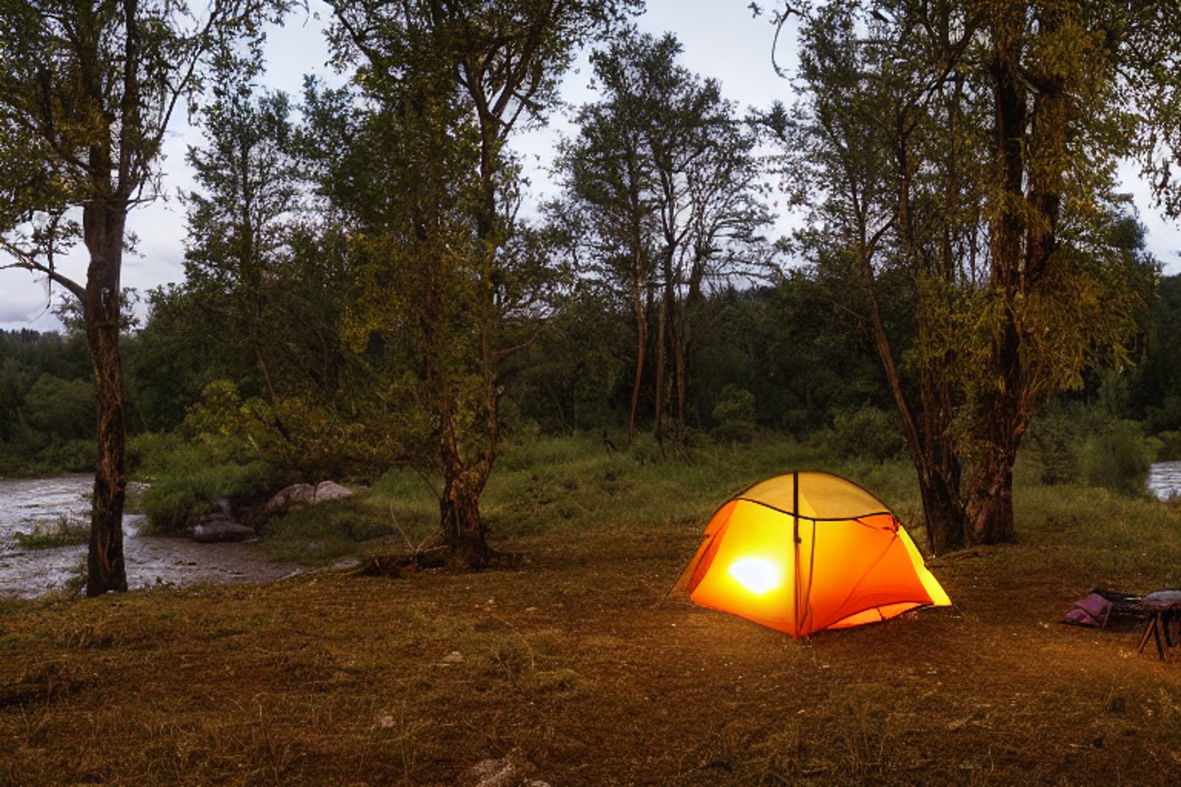 A cozy tent glows beside a crackling campfire near a quiet river. Tall trees, rough ground, and a hammock create a peaceful woodland camp beneath the cloudy sunrise.