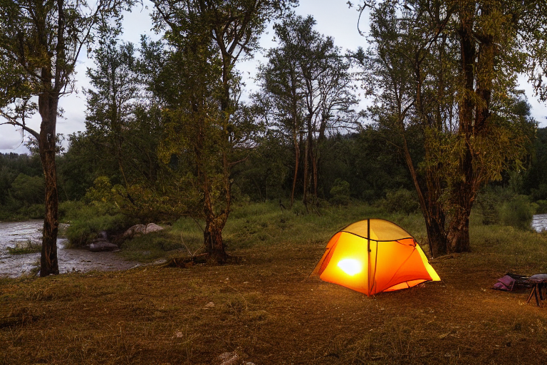A cozy tent glows beside a crackling campfire near a quiet river. Tall trees, rough ground, and a hammock create a peaceful woodland camp beneath the cloudy sunrise.