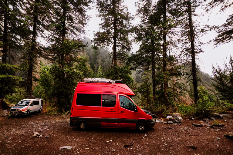 A red camper van rests at a rainy campsite in Big Sur as dusk settles over the hills. A small stream winds through the gravel, while a glowing tent and a distant flashlight add warm light to the cool evening.