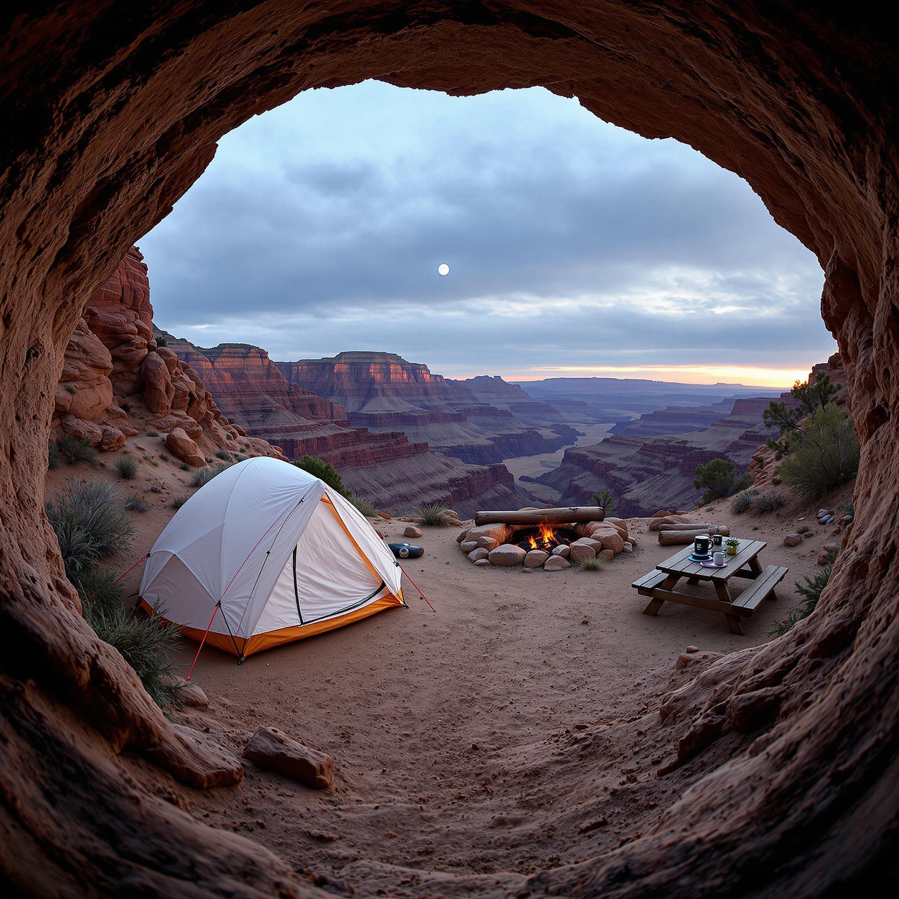A cozy white dome tent sits by a dirt trail at the Grand Canyon, glowing beneath an overcast sunset sky. A campfire, mug, and picnic table with a small stove make the campsite feel warm and inviting. From the cave entrance, the distant moon shines over the vast canyon.