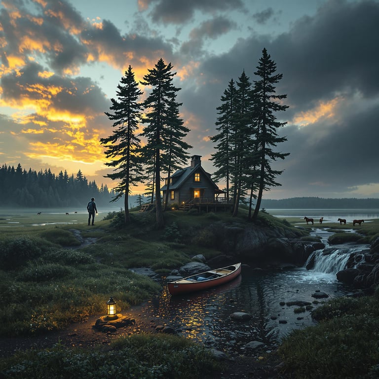 A green treehouse sits along the Maine coast as waves lap the shore. A kayak rests nearby, with a small waterfall trickling through the forest. In the distance, wild horses graze beneath a stormy, glowing sky.
