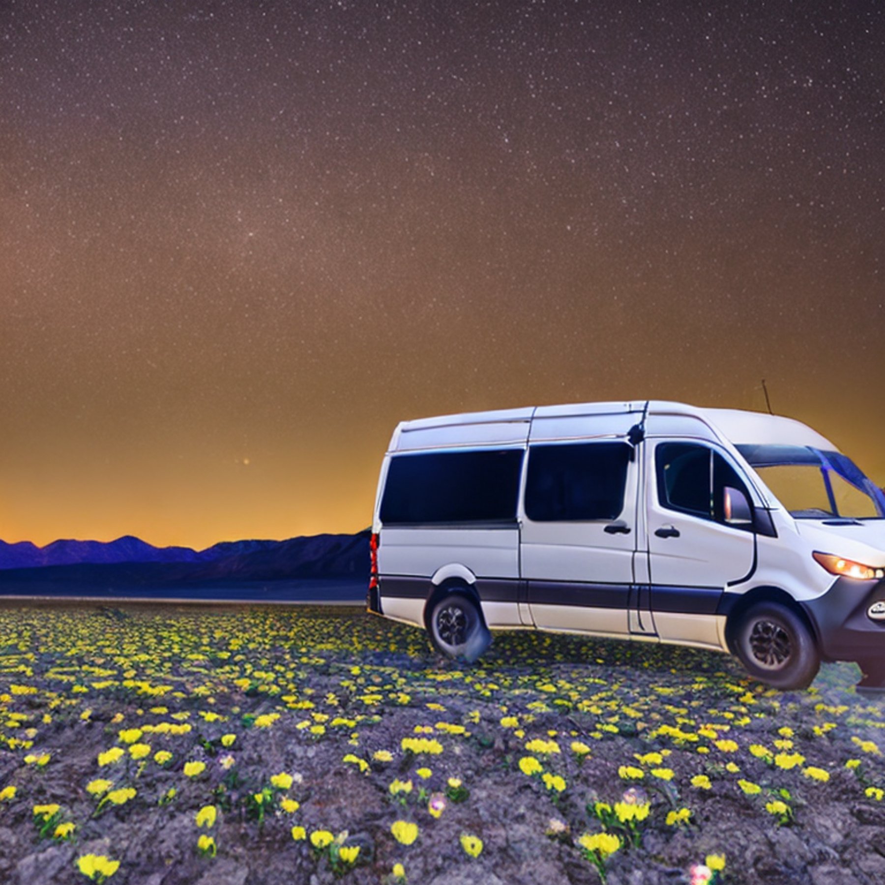 A cozy camper van rests at a paved campsite in rainy Death Valley. Wildflowers and a backpack sit beside a muddy patch, while dark mountains rise in the distance. A lone deer stands quietly under the night sky.