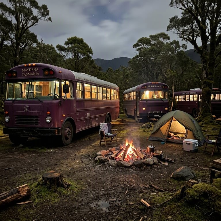 Plum-colored buses rest in a quiet, mossy forest clearing. A small tent and cooler sit nearby, while a low campfire glows among the logs. The trees fade into the calm night.