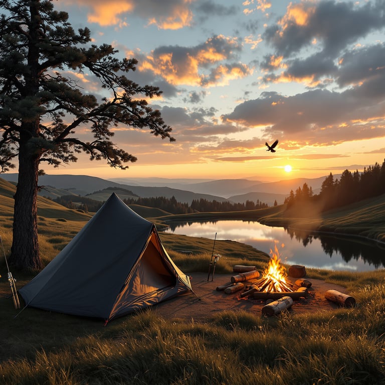 A cozy tent sits by a glowing campfire near a calm lake as the sun sets. Tall trees and rolling hills surround the campsite, making it feel peaceful and safe. An eagle soars in the colorful sky, adding to the magic of the evening.