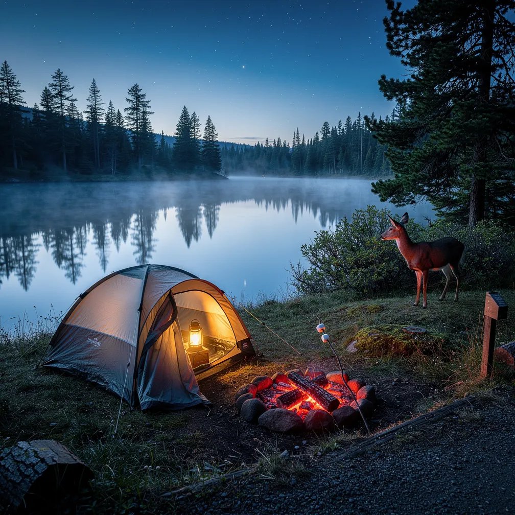 A quiet spring forest wraps around a still lake under a deep blue, early morning sky. A modern tent glows softly, and a small fire ring holds warm embers with marshmallows on a stick. Dew sparkles on the grass and pine needles, and a deer stands watch at the edge of the trees. The lake looks like glass, catching tiny stars in its reflection.