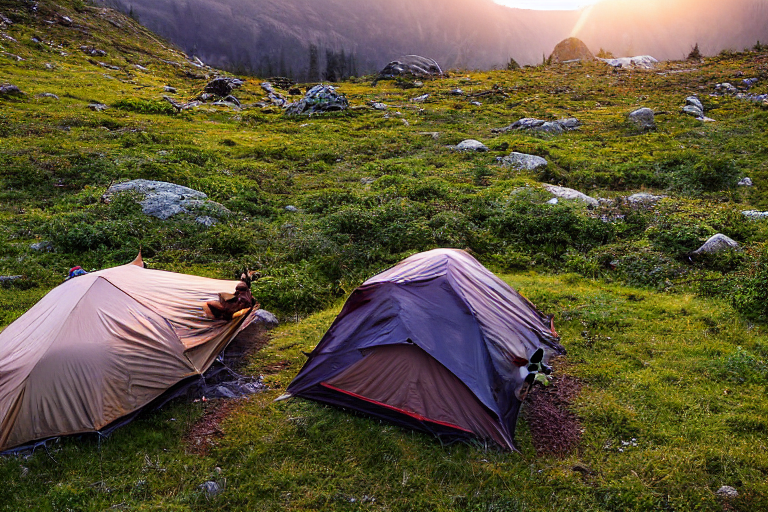 A brown Subaru rests in a sunny mountain meadow at sunrise, with a cozy rooftop tent glowing above it. A small campfire warms the dirt clearing, while clothes hang nearby and a deer stands in the distance.