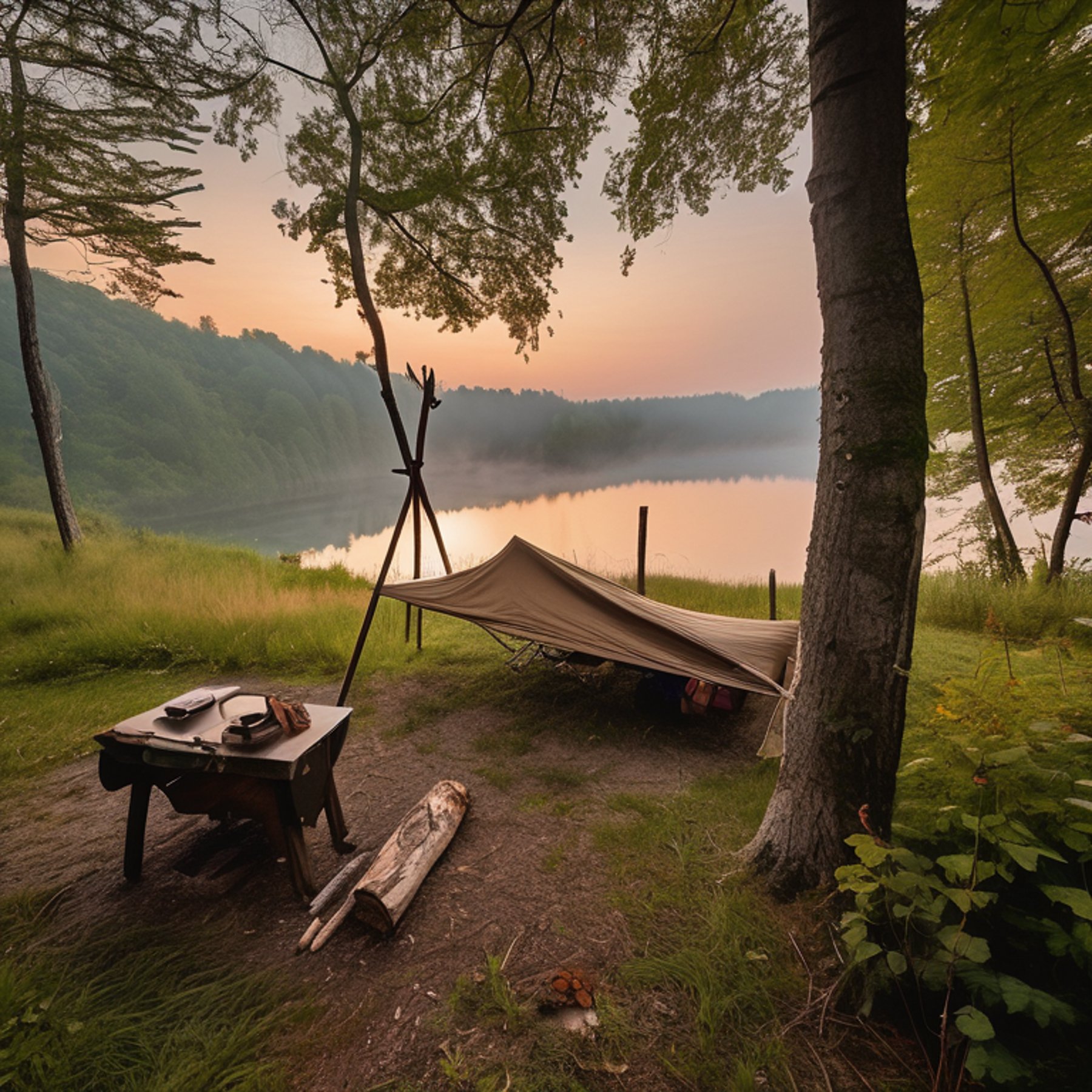 A tan tent rests in a grassy clearing in Plitvice Lakes National Park. Soft sunrise light shines through the fog, while a campfire warms the campsite beside a picnic table and hanging clothes. A large log and tall grass add a cozy, wild touch.