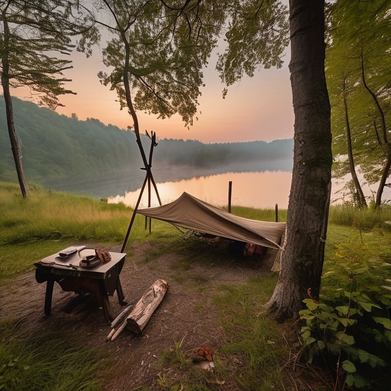A tan tent rests in a grassy clearing in Plitvice Lakes National Park. Soft sunrise light shines through the fog, while a campfire warms the campsite beside a picnic table and hanging clothes. A large log and tall grass add a cozy, wild touch.