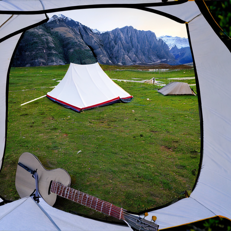 A white tent rests beside a quiet creek, surrounded by snowy grass and broad stone slabs. Tall mountains rise in the distance, while a wooden guitar lies near the campfire spot.