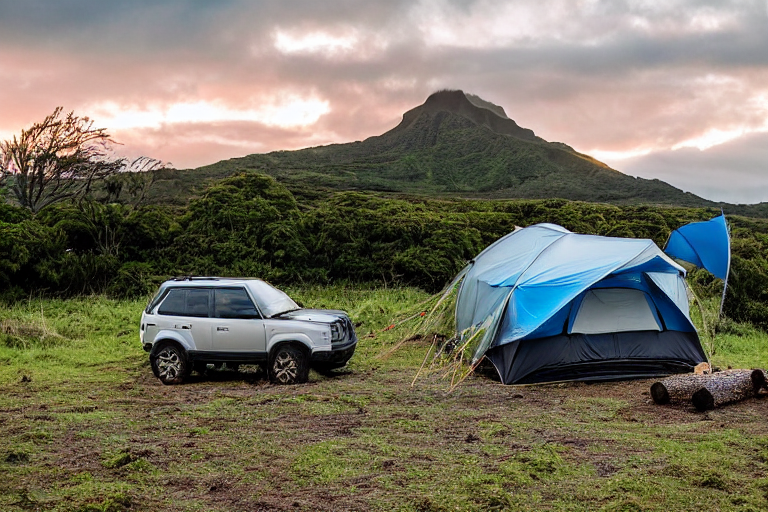 A gray and blue tent rests on a dirt patch at a rainy Hawaiian campsite. A campfire glows beside the Land Rover and Subaru, while deer stand quietly in the distance near a large rock. Sunset light shines softly through the cloudy sky.