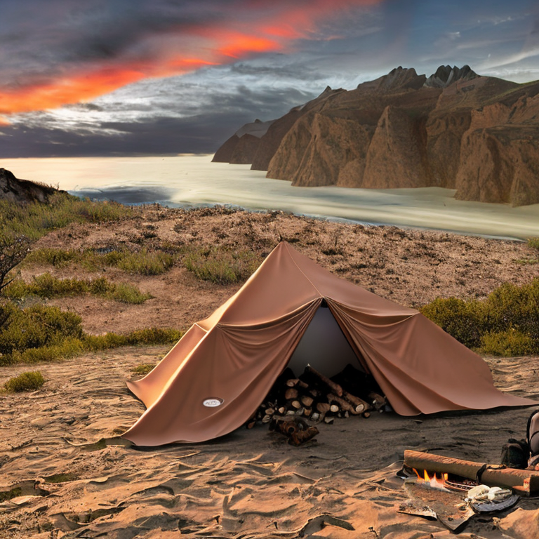 A brown tent rests on a quiet mountain campsite as the sun sets. A warm campfire glows among the logs, with camping gear nearby and a large rock in view. The clear sky and wide mountain setting create a peaceful outdoor escape.