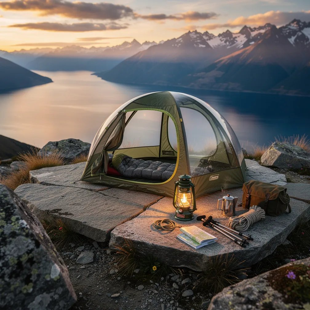 A clear bubble tent sits on a rocky lakeside terrace, with big boulders and thin tufts of grass all around. Warm sunset light washes over the stone slabs, and tall mountains rest on the far horizon. A glowing lantern beside a little stove makes a cozy amber circle, perfect for coffee as the air turns cool and calm.