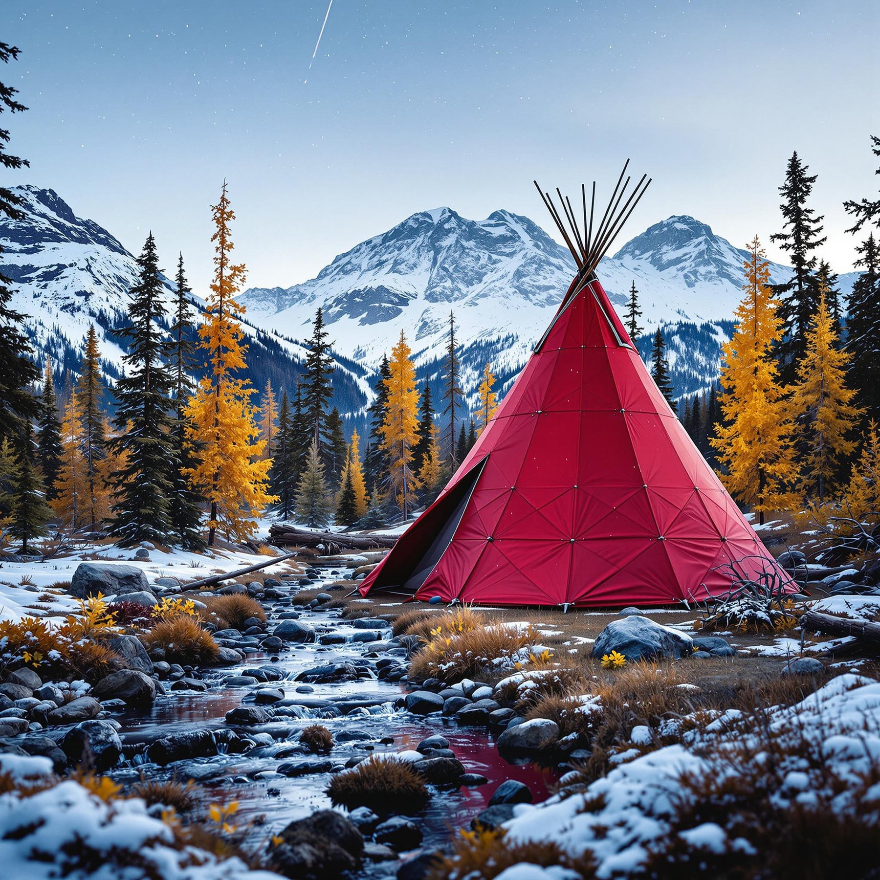A bright red teepee stands among golden fall trees in Banff National Park. A clear stream winds through the campsite, while a bird’s nest rests in a nearby tree. The peaceful mountain setting feels wild and inviting.