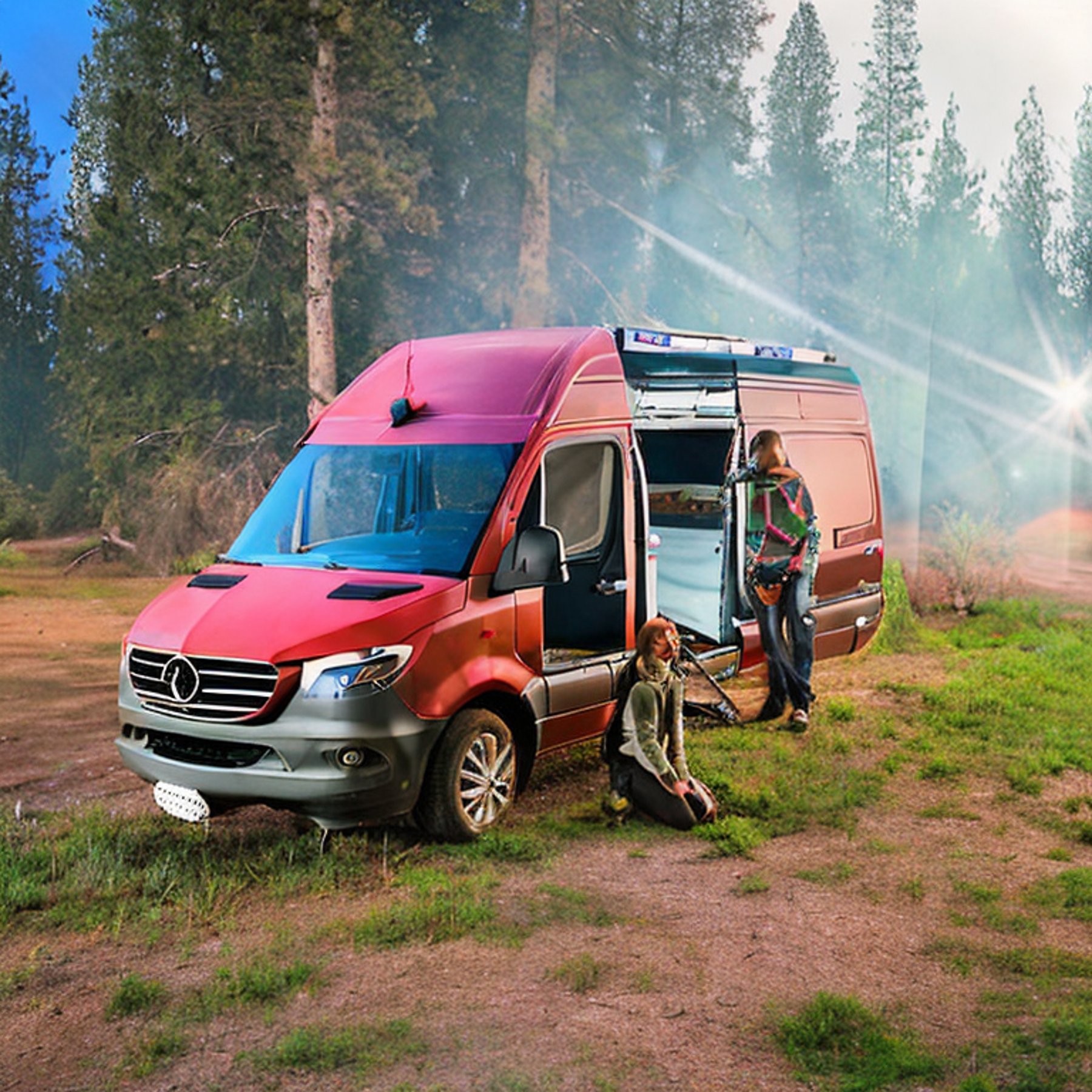 A colorful camper van rests beneath tall trees in a quiet Yosemite campsite. A warm campfire glows beside hikers and a backpack, while fog drifts over the dirt clearing. Bright northern lights ripple across the night sky.