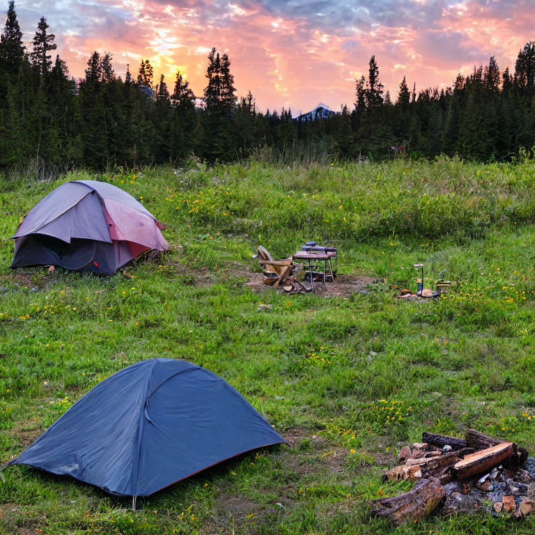 A cozy tent sits on a paved campsite beside a quiet creek. Hikers relax in camping chairs around a warm campfire, while small flowers brighten the dirt. Stormy clouds glow in the sunset sky, creating a peaceful, dramatic mood.