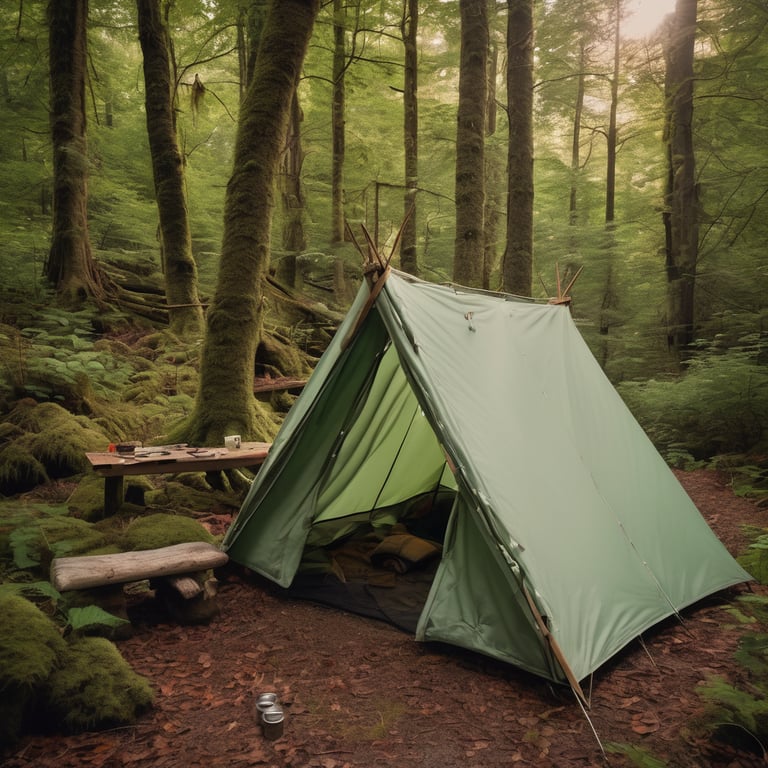 A mint green shelter rests in a mossy forest at dusk. A warm lantern glows beside a clothesline, while sunbeams shine through the cloudy trees. A map and compass add a sense of adventure to this peaceful campsite.