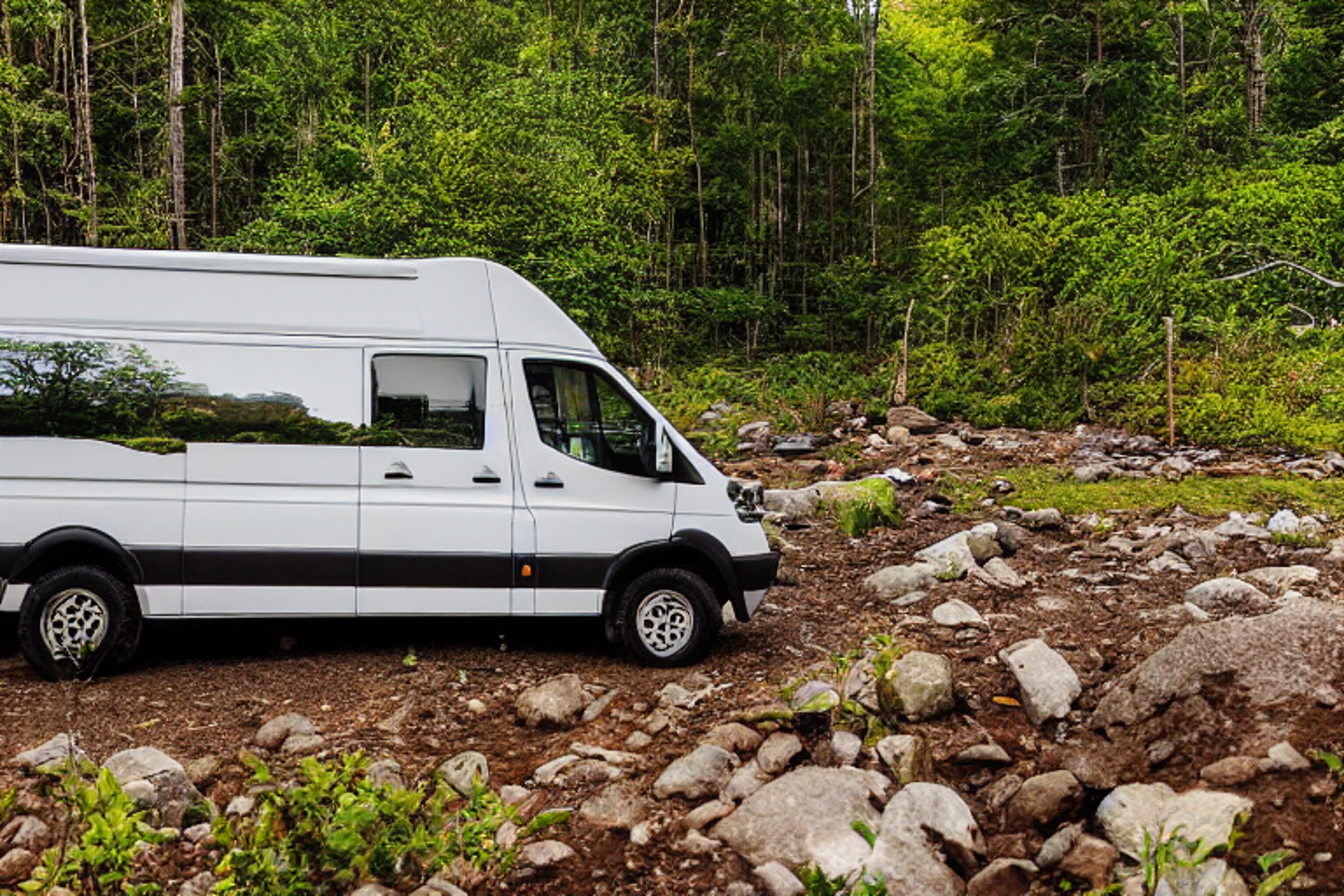 A white camper van rests on a sunny dirt clearing in the Smoky Mountains. A small stream winds through the campsite beside a large rock and berry-covered bush, glowing in the warm golden light.