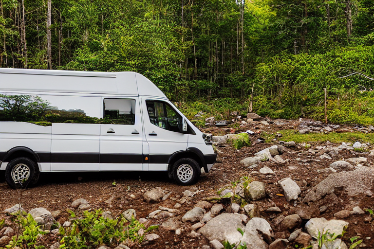 A white camper van rests on a sunny dirt clearing in the Smoky Mountains. A small stream winds through the campsite beside a large rock and berry-covered bush, glowing in the warm golden light.