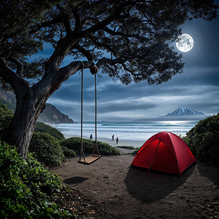 A bright red tent rests by the beach under a glowing full moon and soft drizzle. A rope swing hangs from a sturdy tree beside a dirt path, with thick bushes, distant surfers, and a snowy mountain peak beyond.