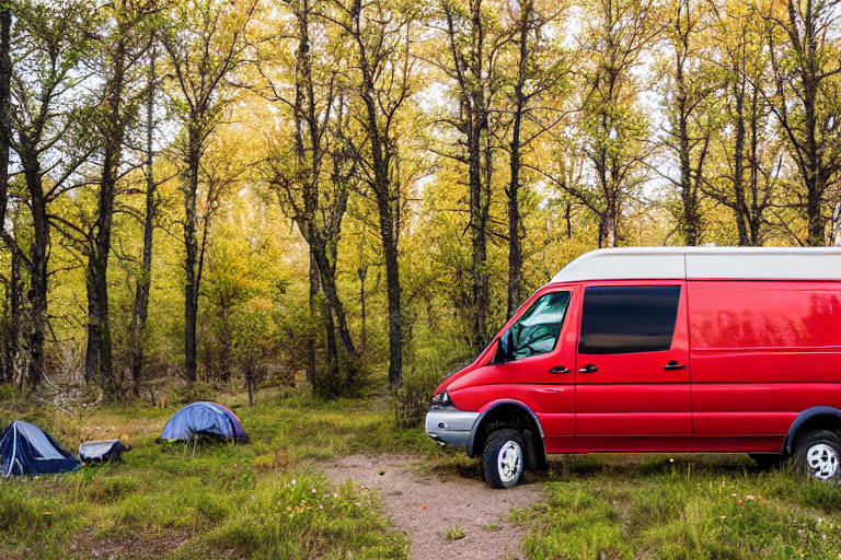 A red and white camper van rests beside a quiet stream at dusk. Fall-colored trees, moss, flowers, and soft fog surround the campsite, with sand dunes rising in the distance. A backpack sits near the dirt path.