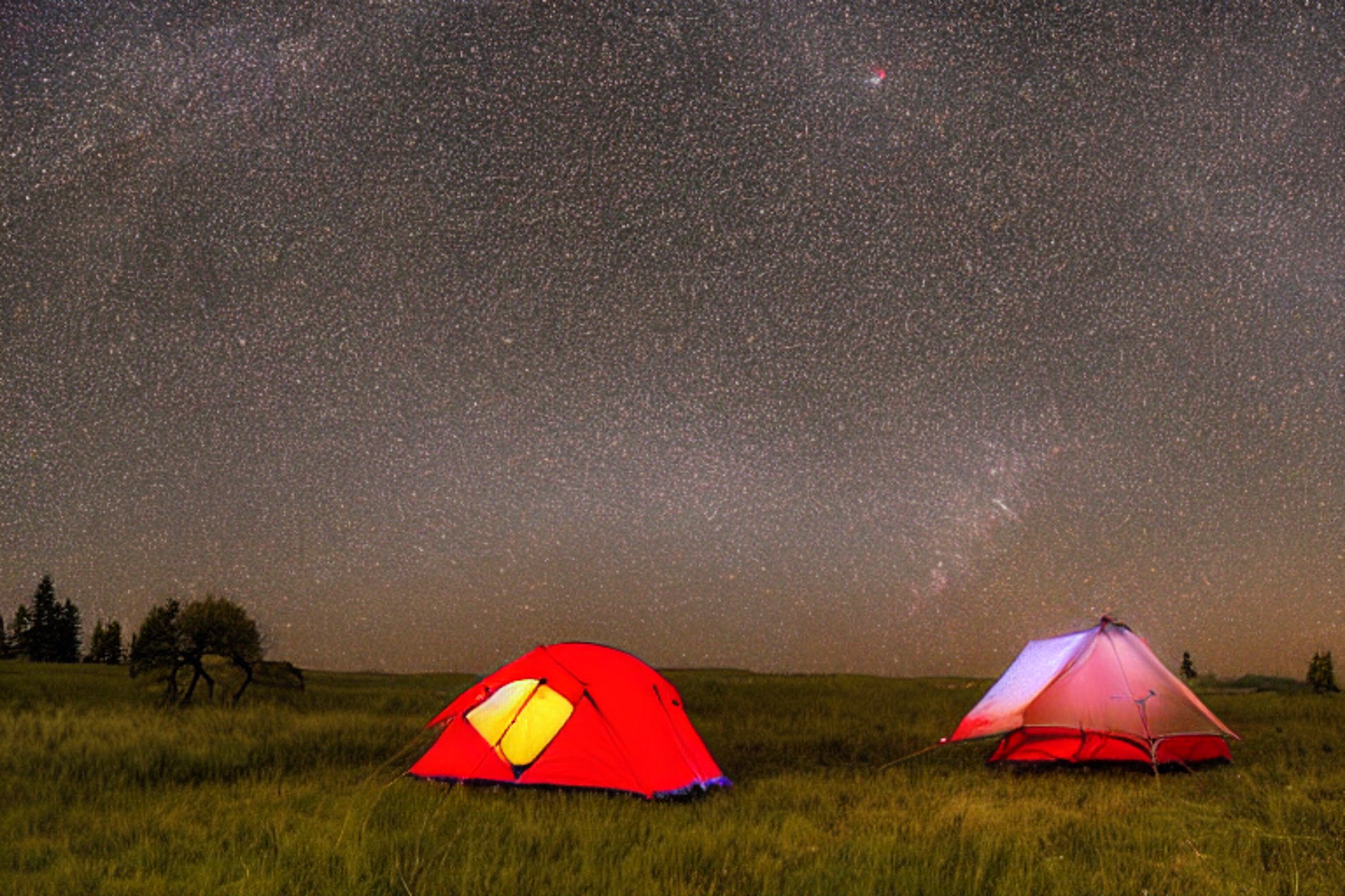 A red Subaru with a rooftop tent rests at a quiet campsite beneath a star-filled Idaho sky. Tall trees, a picnic table, and a glowing lantern create a warm, peaceful feel. Leaves cover the ground around the open dirt patch.