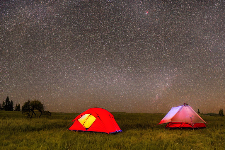 A red Subaru with a rooftop tent rests at a quiet campsite beneath a star-filled Idaho sky. Tall trees, a picnic table, and a glowing lantern create a warm, peaceful feel. Leaves cover the ground around the open dirt patch.