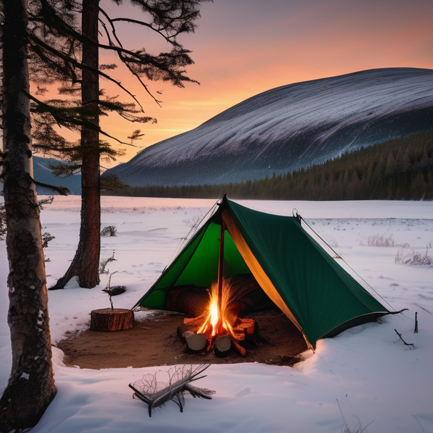 A cozy green tent rests in a snowy Norwegian forest at sunset. A warm campfire sits on the dirt clearing, with logs nearby and a hammock hanging between the trees.